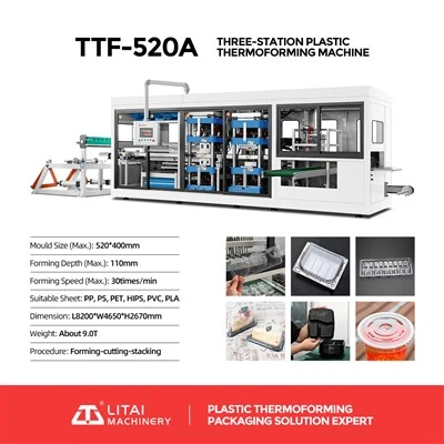 Máquina termoformadora de plástico de três estações totalmente automática TTF-520A